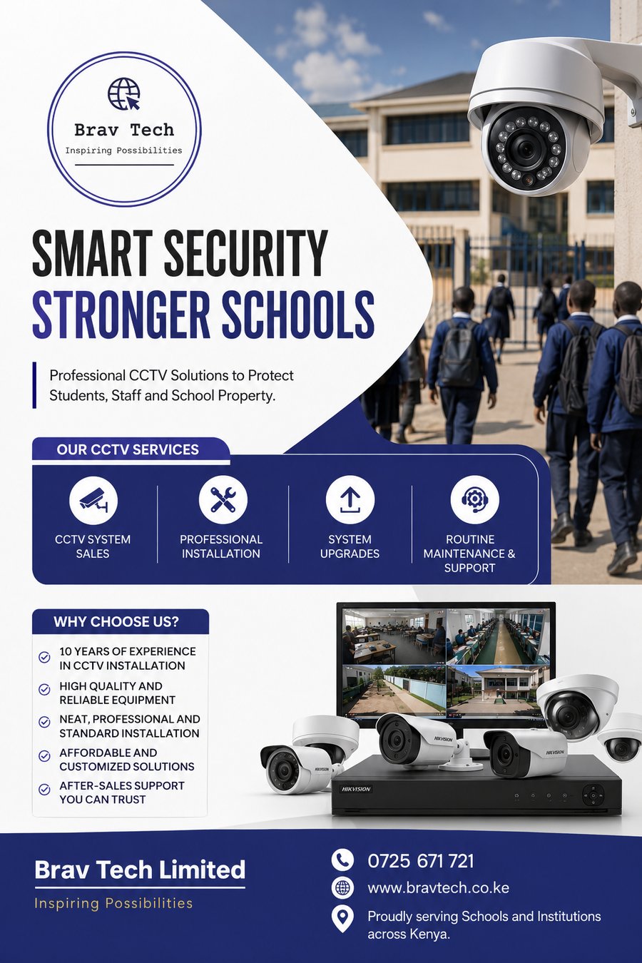 Smart Security, Stronger Schools — Brav Tech CCTV flyer