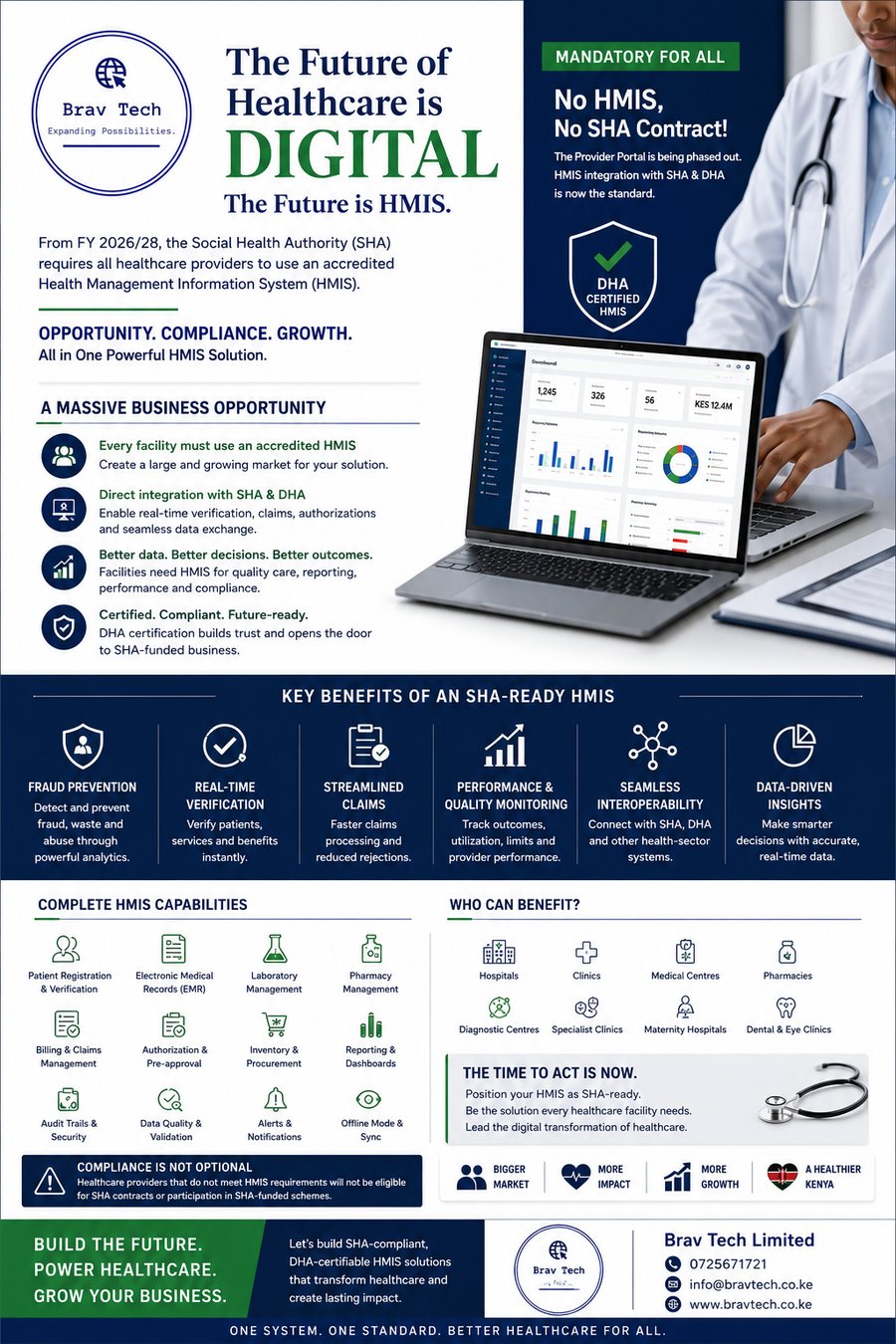 The Future of Healthcare is Digital — SHA and DHA HMIS requirements — Brav Tech flyer